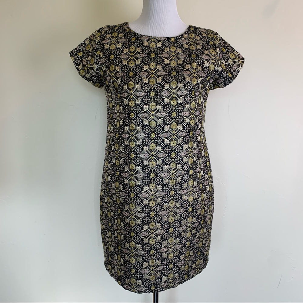 Xhiliration Black and gold brocade cap sleeve mini dress, Size Small